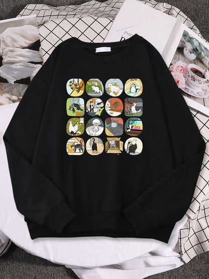 a black color funny cat sweatshirts with multiple cat memes on them