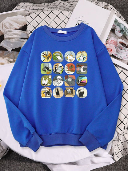 a blue cat pattern sweater with multiple cat memes picture
