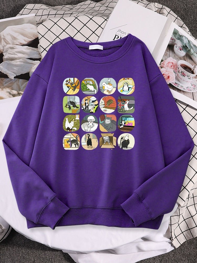 a purple cat sweatshirts for humans with multiple famous meme pictures on it