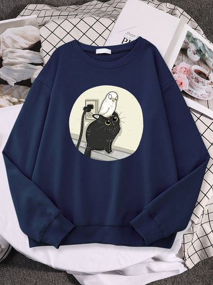 a navy blue cat lover sweatshirt with a picture of pigeon chilling on a cat