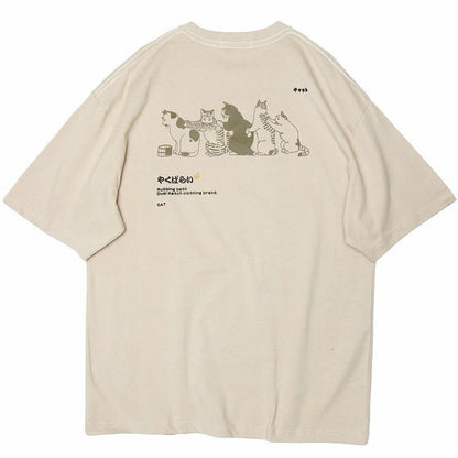 khaki color japanese street style t-shirt with funky cat design print