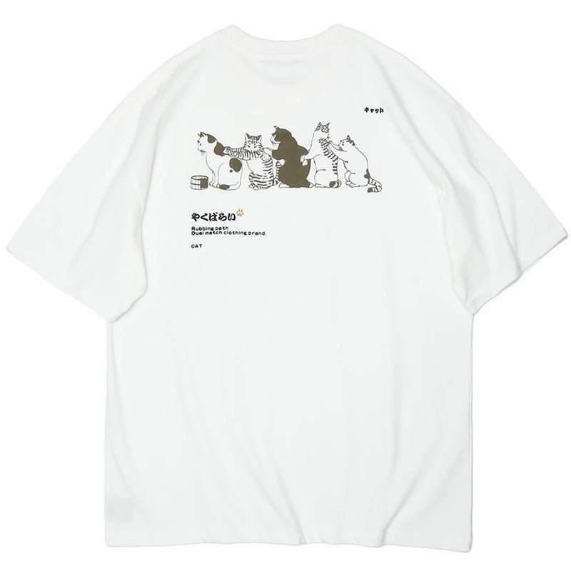 white color swaggy cat tee with funny japanese style cat printing on it