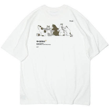 white color swaggy cat tee with funny japanese style cat printing on it