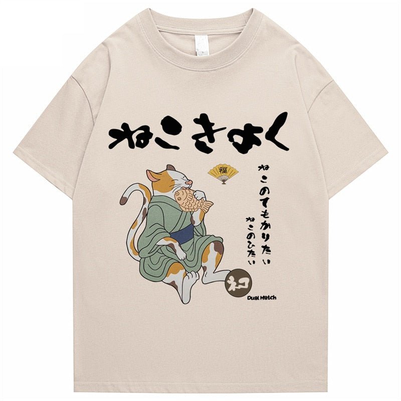 a beige color cat t shirt printed with a calico cat in kimono enjoying taiyaki snack