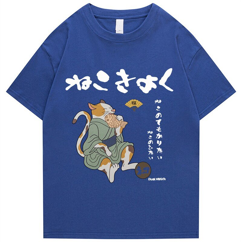 a vibrant blue variant of 'Cat with Taiyaki' Harajuku streetwear t-shirt