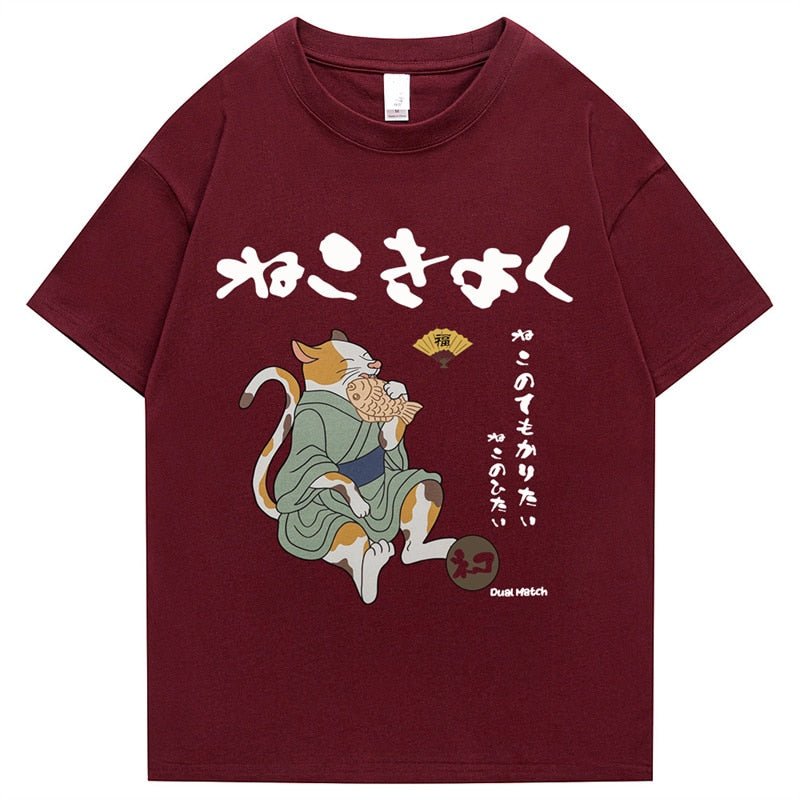 A unique wine red color japanese quote printed design on cotton t-shirt with cat motif