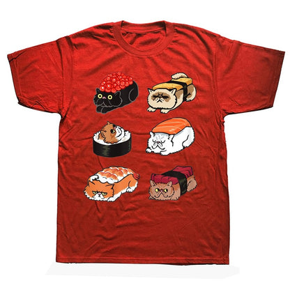 red color adorable cat t shirt showing six cartoon cats becoming different type of sushi