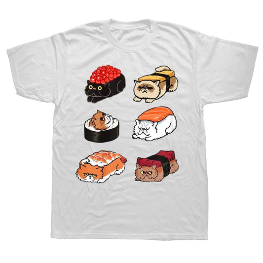 a white color men's t shirt showing six cats becoming sushi and it's inspired by steven he