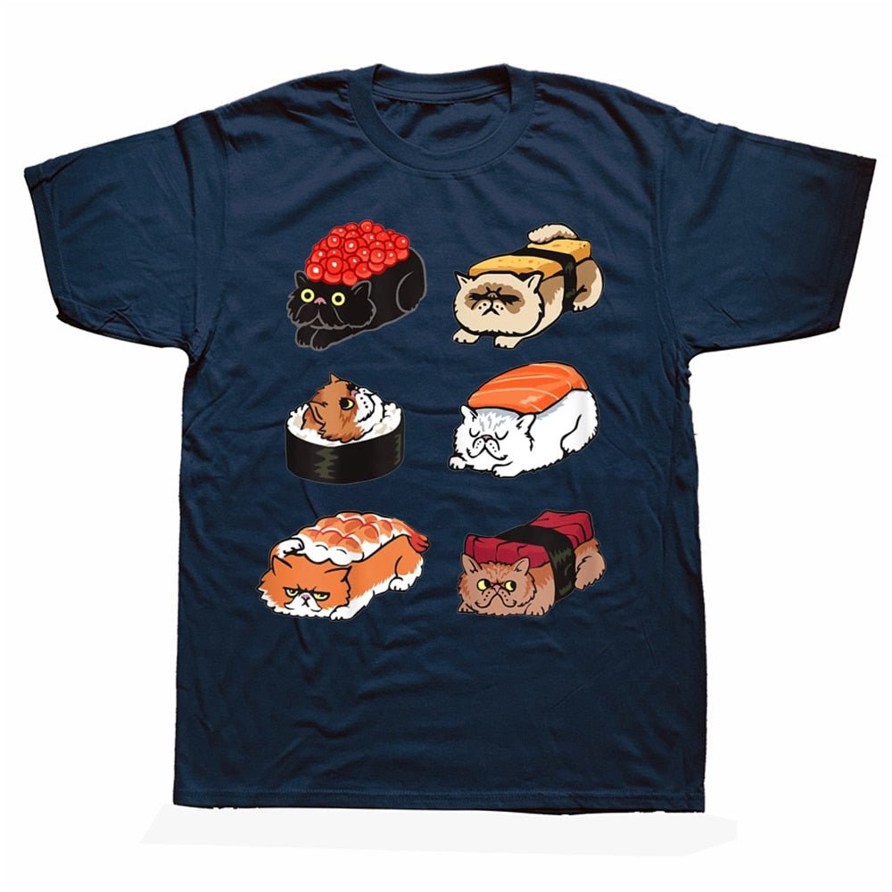 a navy blue cartoon sushi and cat shirt with funny cats hiding under sushi