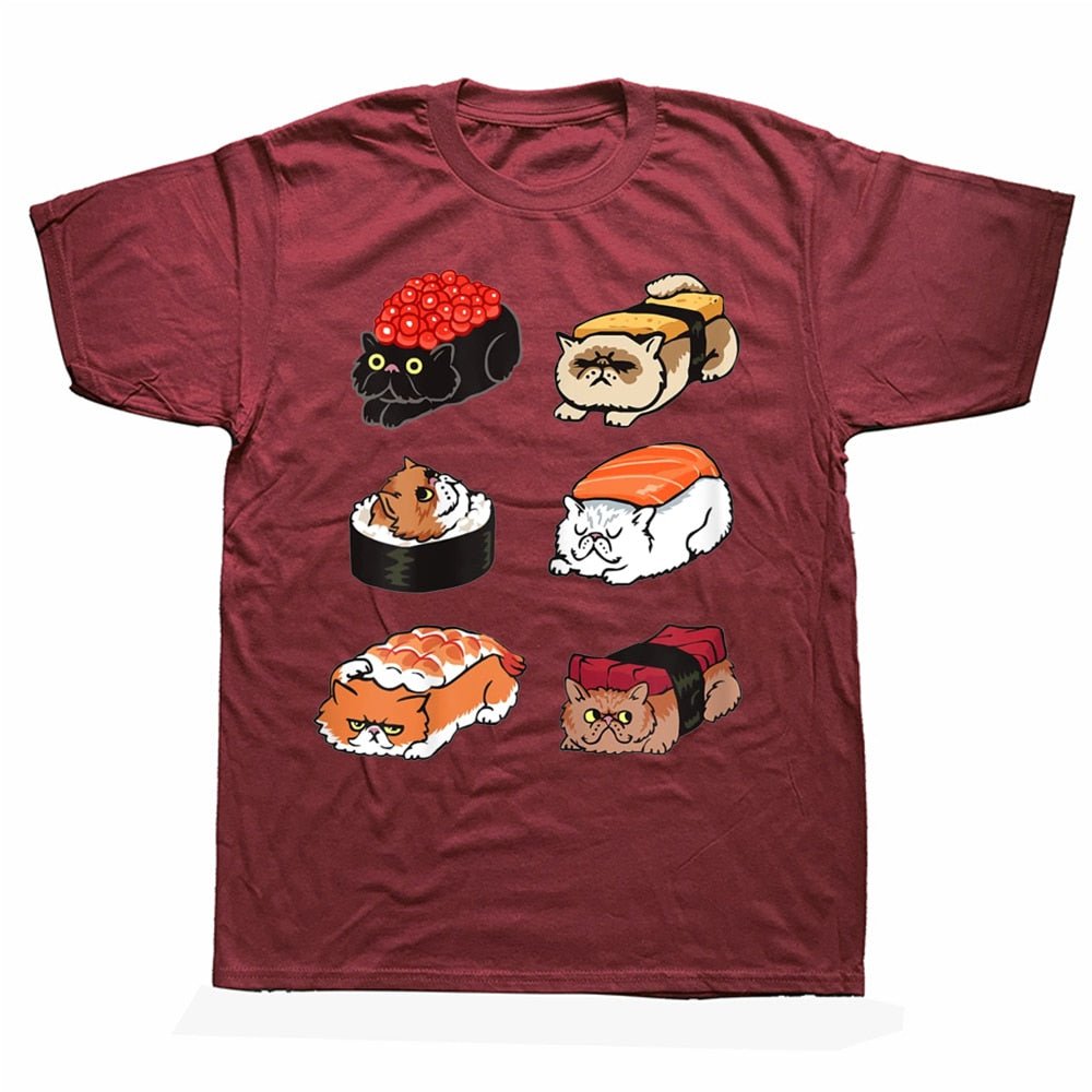 a red color japanese cat shirt with pictures of cats becoming a sushi which looks funny and cool