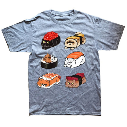 gray color t shirt for men showing sushi cats printing