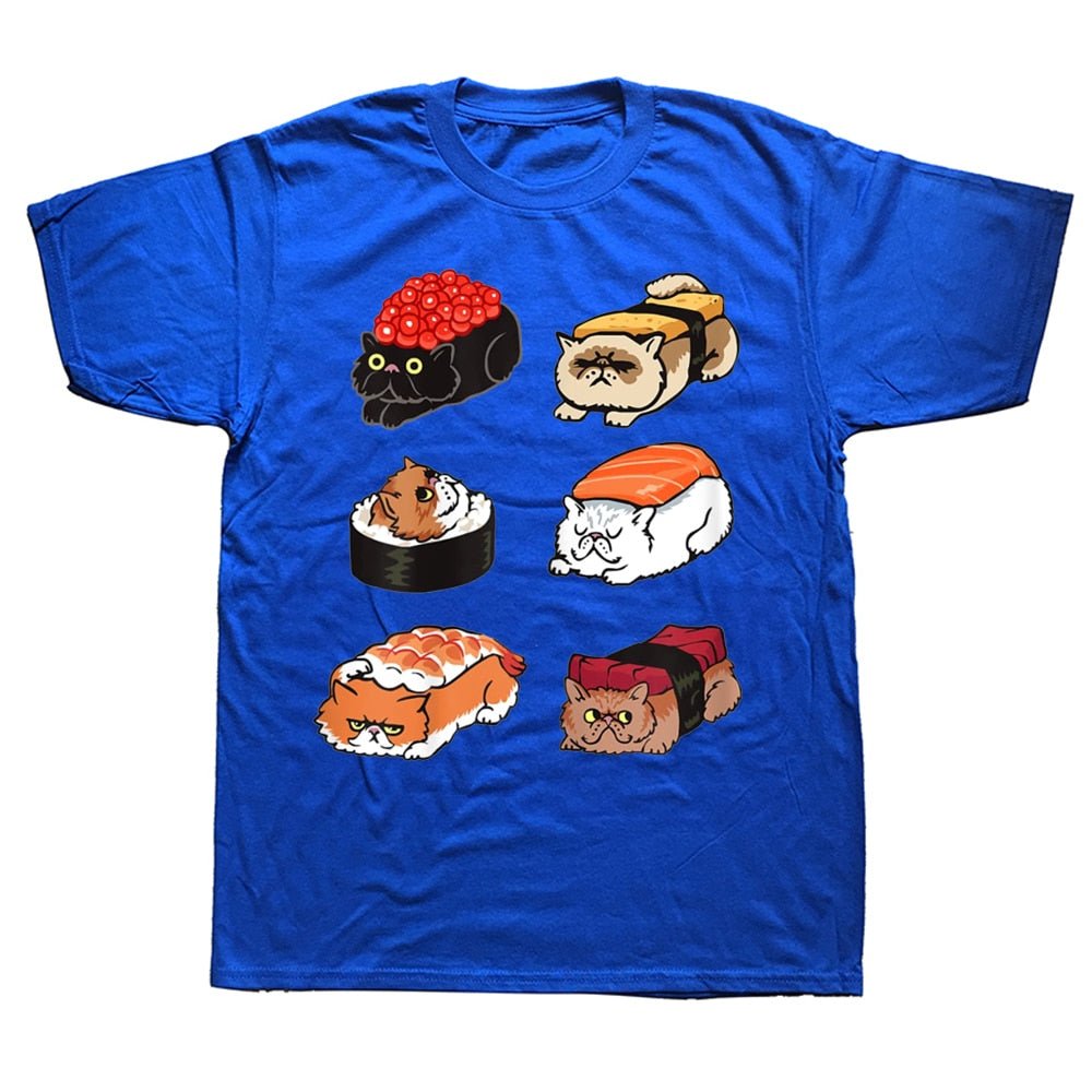 blue color t shirt for men inspired by steven he showing six sushi cats