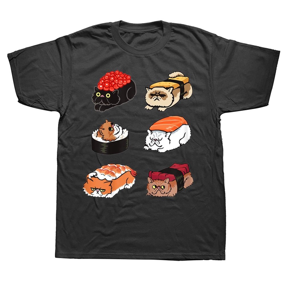 a black color cat lover shirt featuring 6 cats disguising as sushi