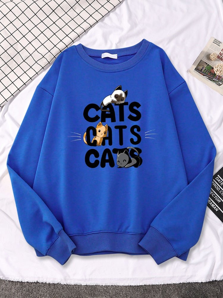 a blue cute cat sweaters with 3 cats pictures on them