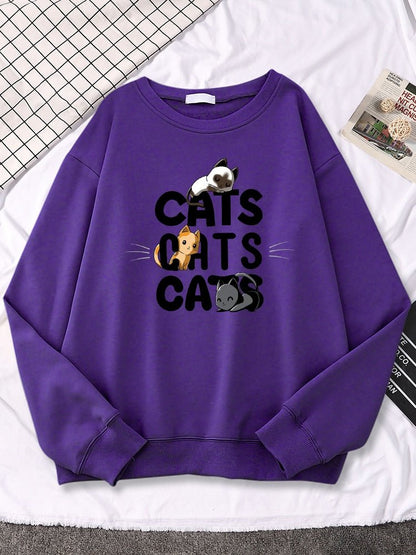 a purple cute cat sweater for ladies with 3 cats pictures on them