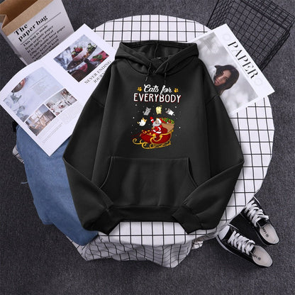 black color mens cat hoodie with christmas themed that showing santa claus giving cats for everybody and it's best for christmas gifting