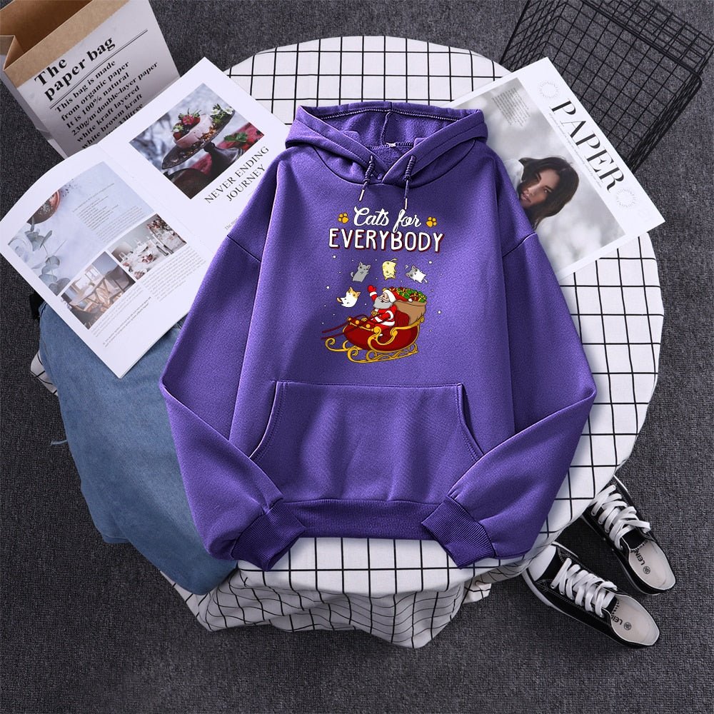 purple color hoodie showing a santa claus giving cats for everybody that looks adorable and best for christmas season 