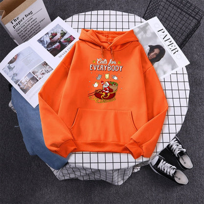 orange color hoodie printed with a santa cat giving cats for everyone and it makes all cat lovers happy