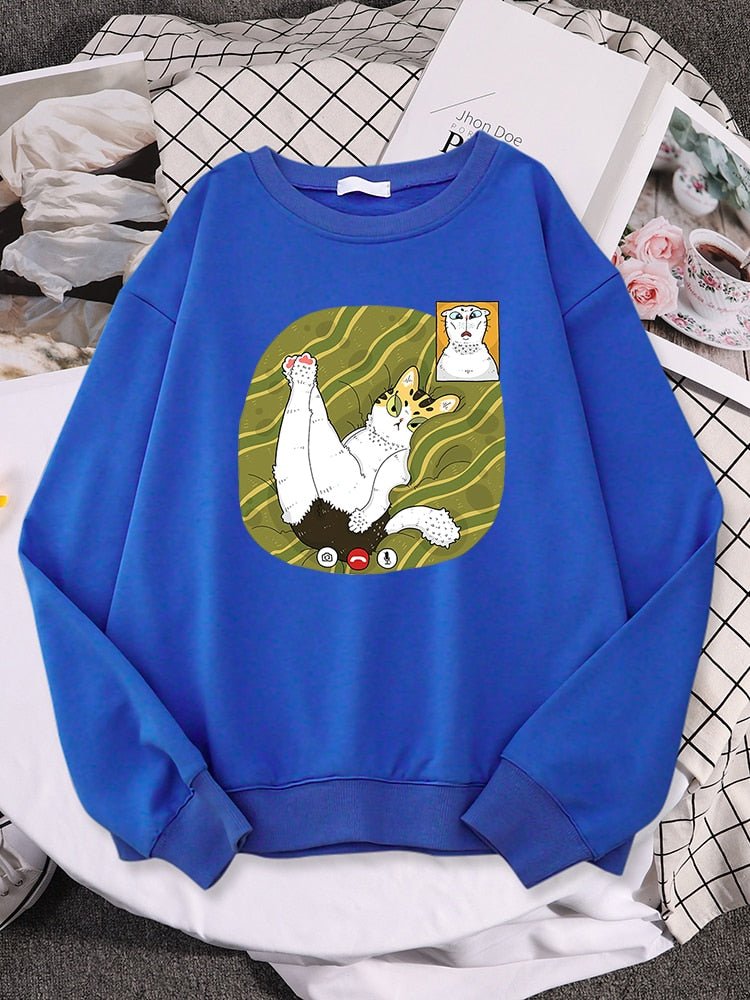 a blue color funny cat sweatshirts with a funny picture of a lady cat facetiming her boyfriend