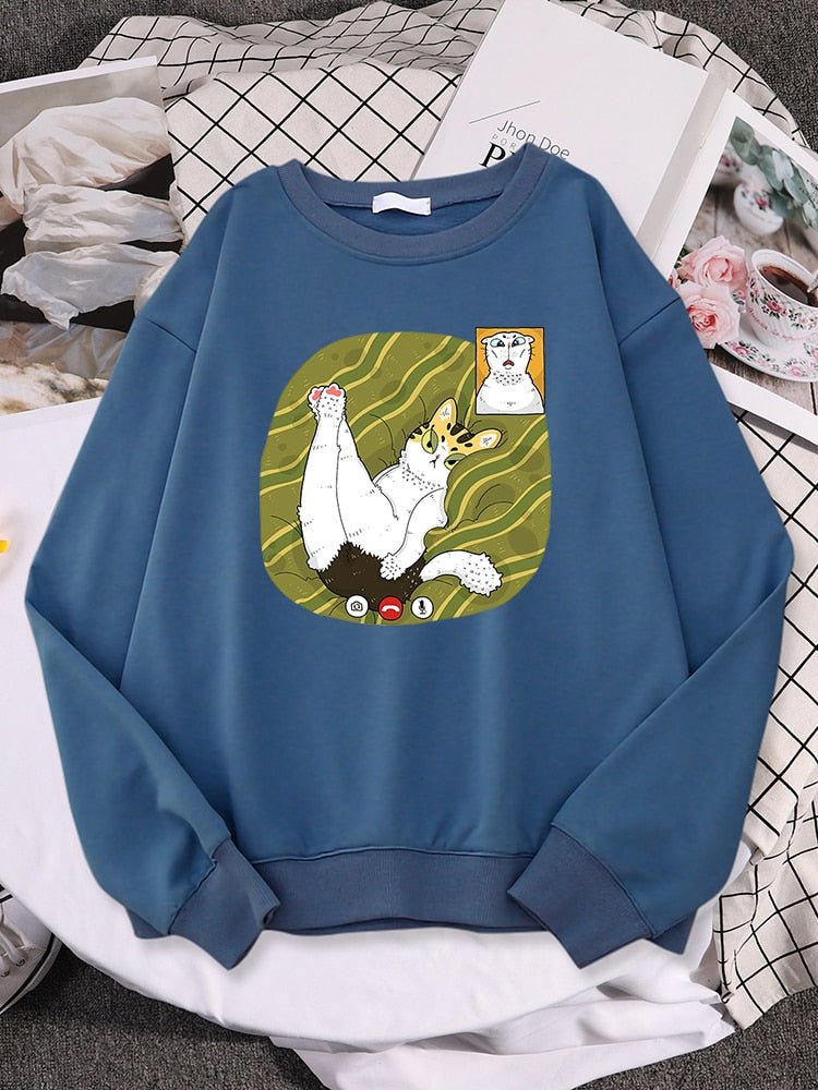 a blue cat lover sweatshirt with two cats having facetime picture