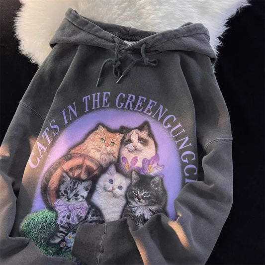 Serene Cats amidst flowers on Greengungchi Cats Hoodie