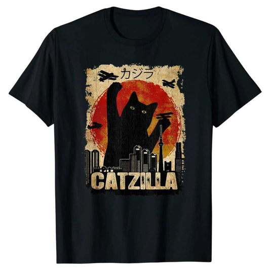 Full view of the 'Catzilla' Harajuku Style Male Cat T-Shirt, showcasing its eccentric design of a cat attacking the city