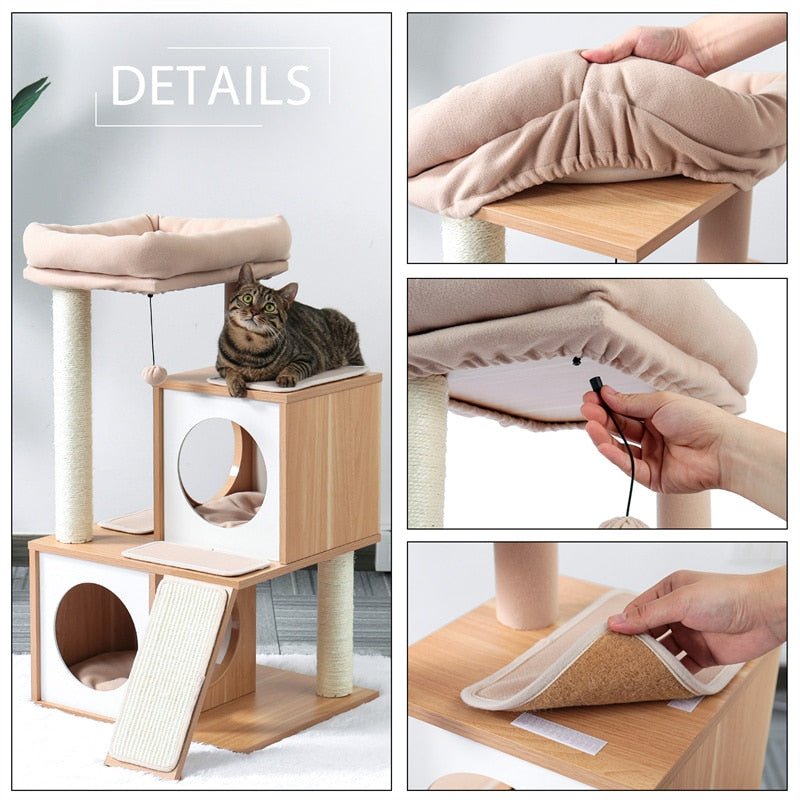 details of a boho cat tree with multiple enclosure