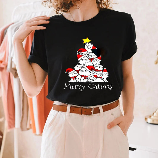 Holiday Cat Shirt featuring white cats stacked as a Christmas tree