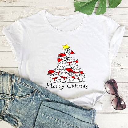 Women's Christmas tee with "Merry Catmas" tagline and festive cats