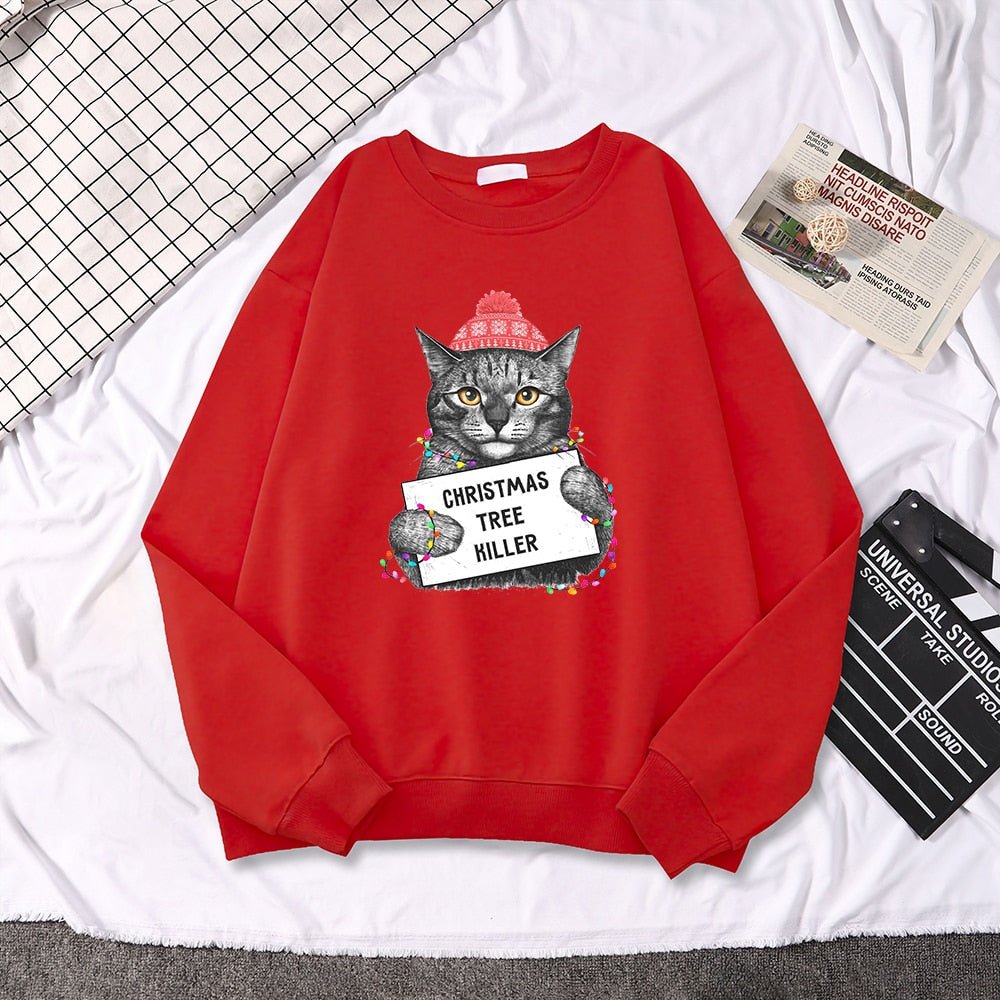 red cat hoodie that looks funny with a picture of a gray cat saying cat is a christmas tree killer