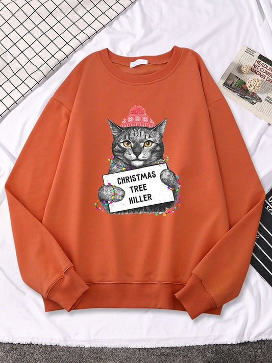 brick red color hoodie with a grey cat showing a sign of Chirstmas Tree Killer which is perfect for christmas gift