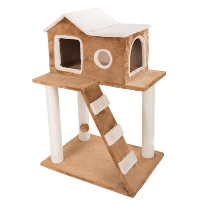 a scandinavian cat tree with interactive ball toys