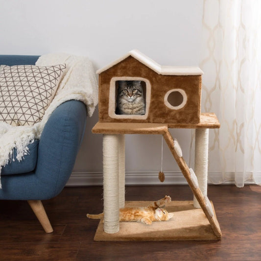 a cat resting in a wooden climbing cat tree hosue 