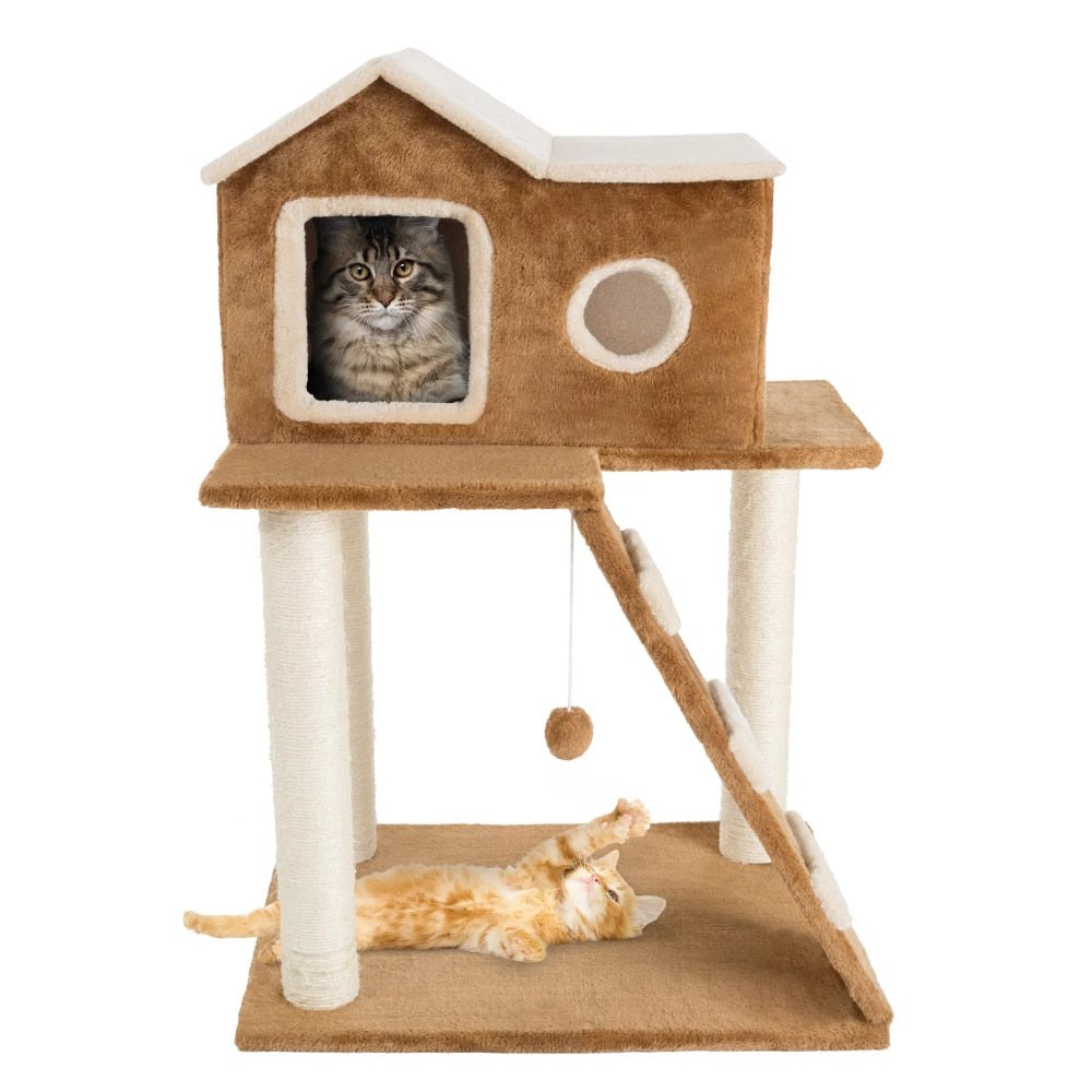 cats playing with interactive toys from a wooden modern cat tree