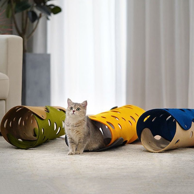 colorful and interactive cat tunnel made of felt