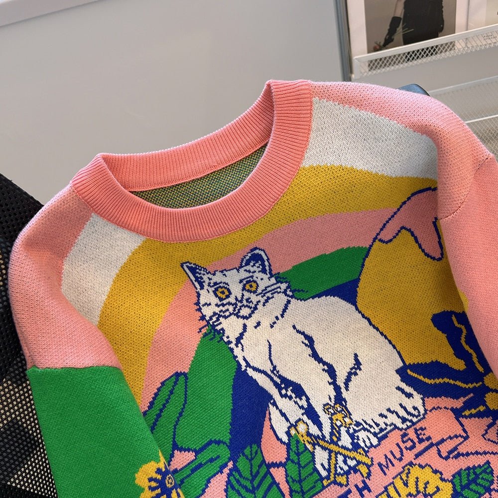 a cute embroidered cat sweater with cute cat illustration