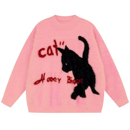 Comfy Pullover Knit Sweater with a black cat design in beige, pink, and yellow.