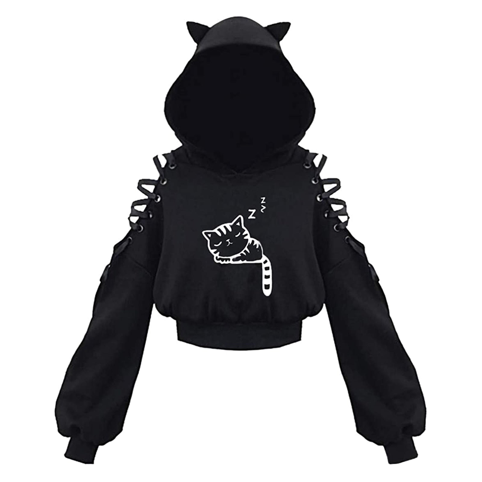 hoodie in black color with a sleeping cat printed on it which looks cute
