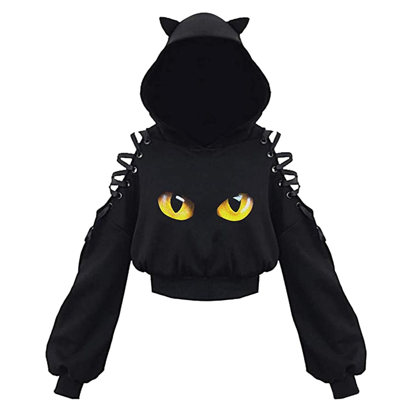 black cat hoodie with yellow eyes in crop top design for cat mom