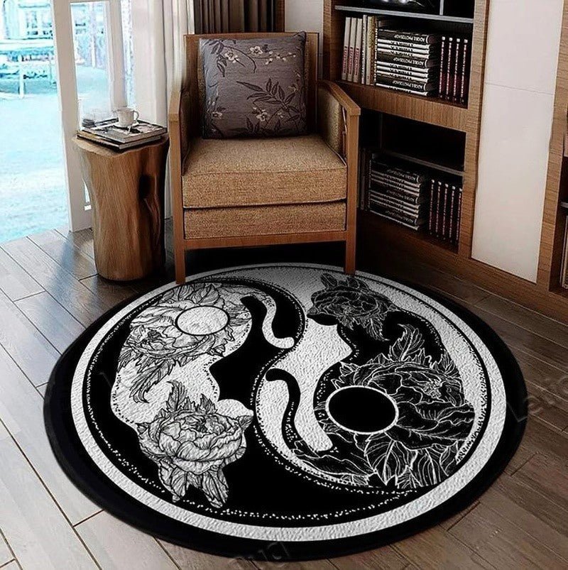 round big size black cat rug with yin yang cat design