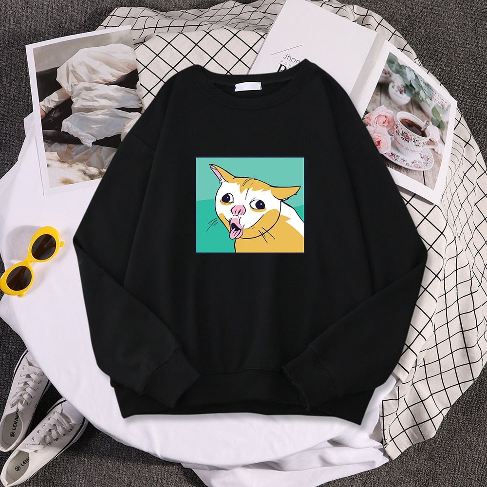 a unisex black color sweatshirt with an adorable coughing cat meme printing on it