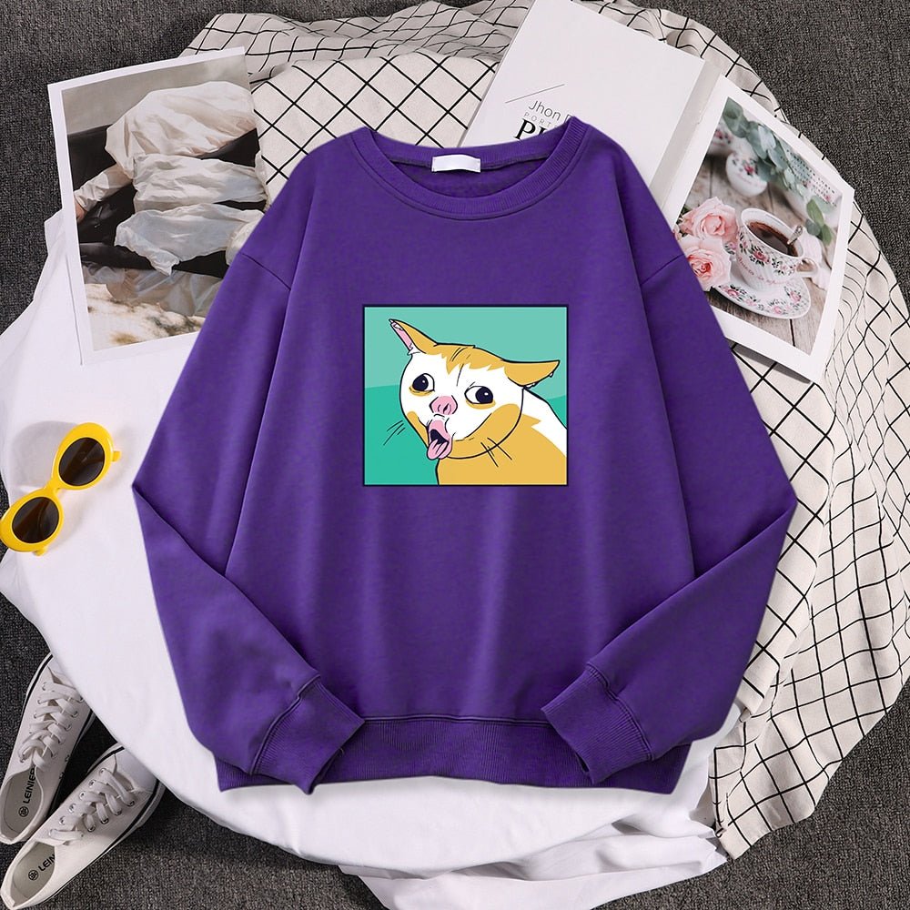 purple cat print sweatshirt featuring a coughing cat meme that looks so funny