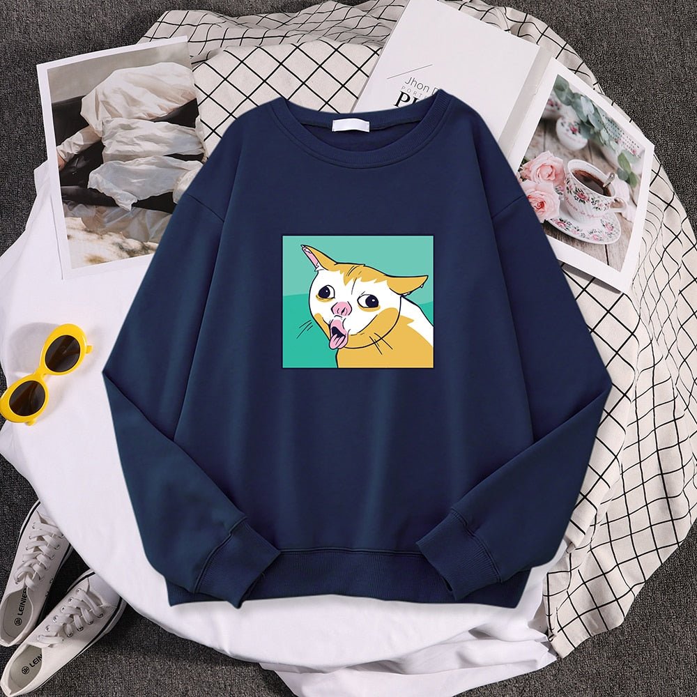 a coughing cat meme printed on a dark blue color sweatshirt and look really funny