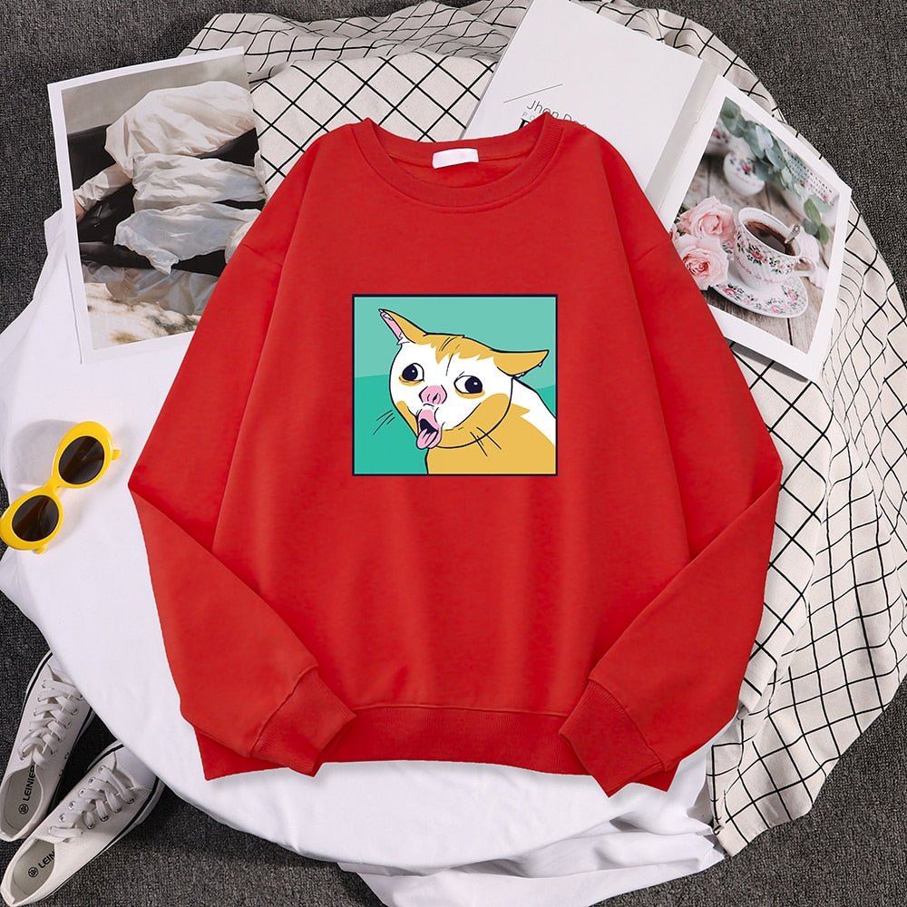 red color cat print sweater with a cat coughing meme printed on it