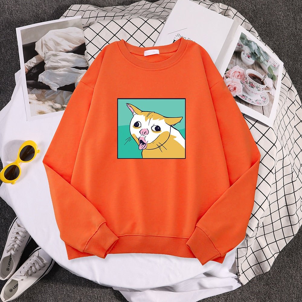 orange color cat sweatshirts for humans that featuring a coughing cat meme
