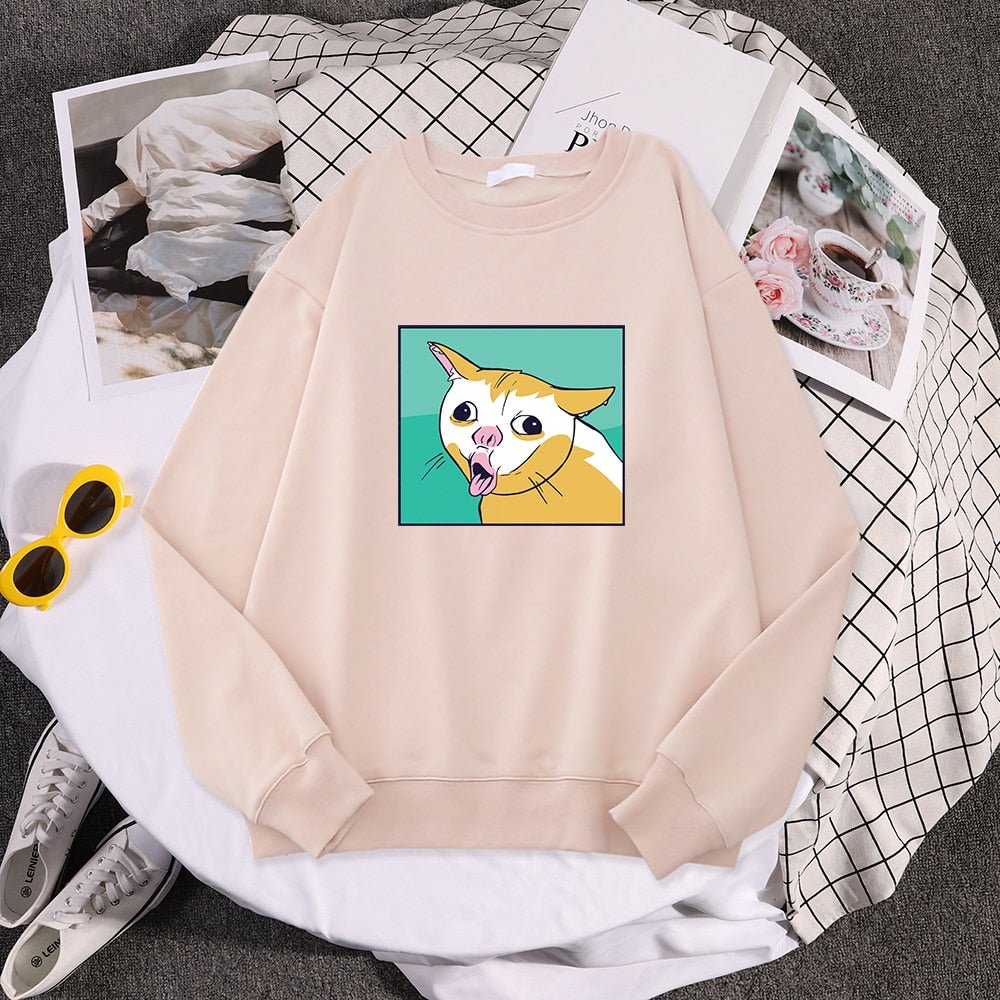 beige color cute cat sweatshirt printed with a coughing cat meme that looks hilarious