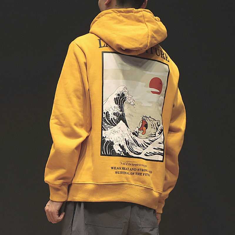 A cool model wearing a yellow color hoodie in Japanese style featuring a cartoon cat in tsunami shape