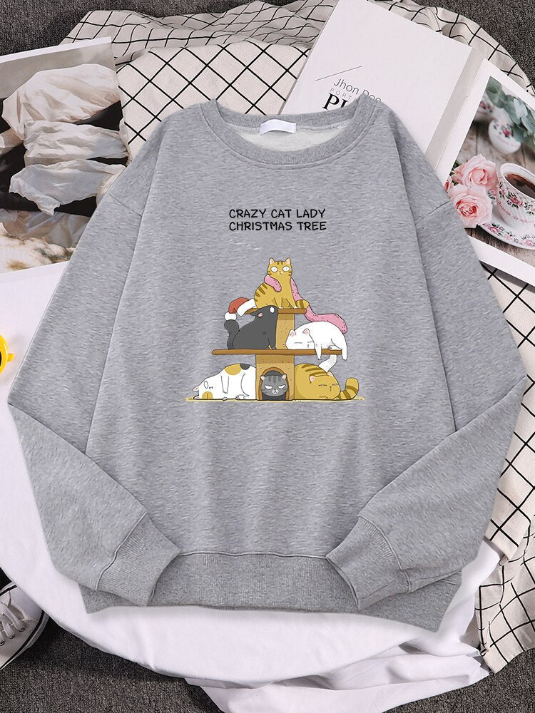 a grey color cat sweatshirt women for christmas gift with cats on tower design