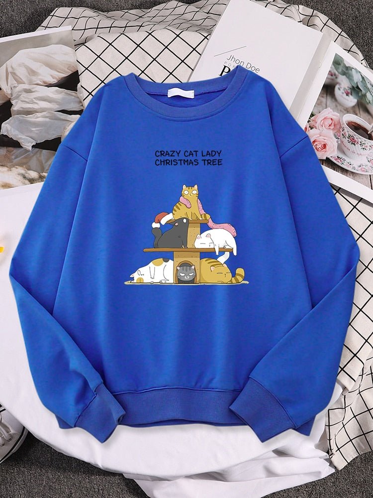 a blue crazy cat lady sweatshirt with cats on cat tower design