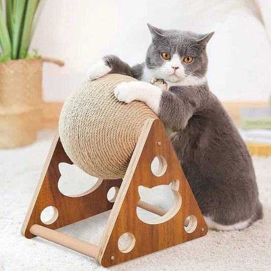 Natural Sisal Cat Scratching Ball, Cat Scratcher Toy with Ball, Scratching Ball for Cat, Interactive Solid Wood Scratcher Pet Toy